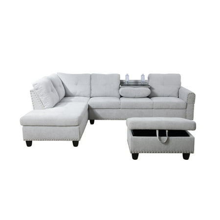 StarHome Linen Sectional Sofa, 6 Seats Sleeper Couch with Reversible Chaise, Storage Ottoman, Modular L Shaped Sectional Sofa with Extra Headrests, Living Room Furniture for Apartment, Grey