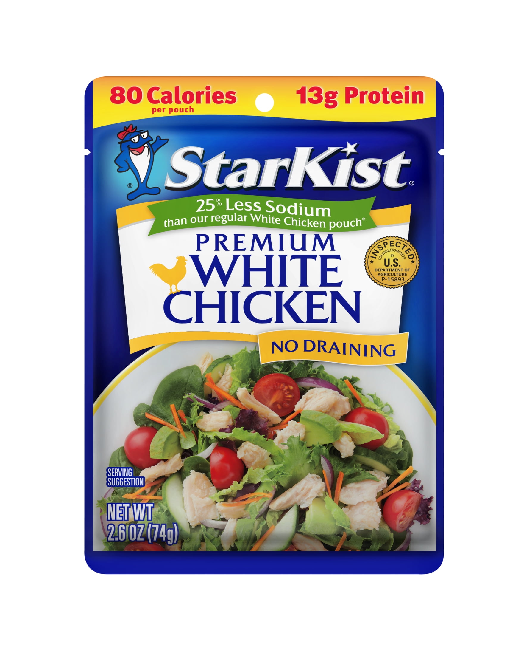 StarKist Premium White Chicken, 25% Less Sodium, Gluten Free, 13g Protein, 2.6 oz Pouch