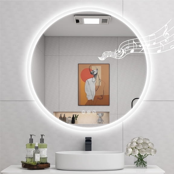 StarLead 28" Round LED Bathroom Mirror, Front/Backlit, Anti-Fog, Dimmable, 3000/4000/6500K, Bluetooth, Plug-in/Hardwired