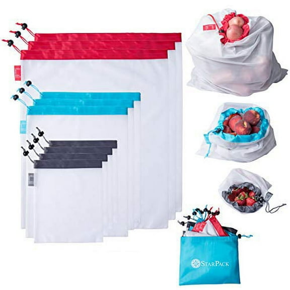 StarPack Reusable Produce Bags - Zero Waste Mesh Bags for Eco Friendly Grocery Shopping, Includes Storage Pouch