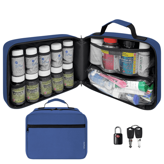 StarPlus2 Large Original Pill Bottle Organizer, Medicine Bag - Blue (with TSA approved lock)