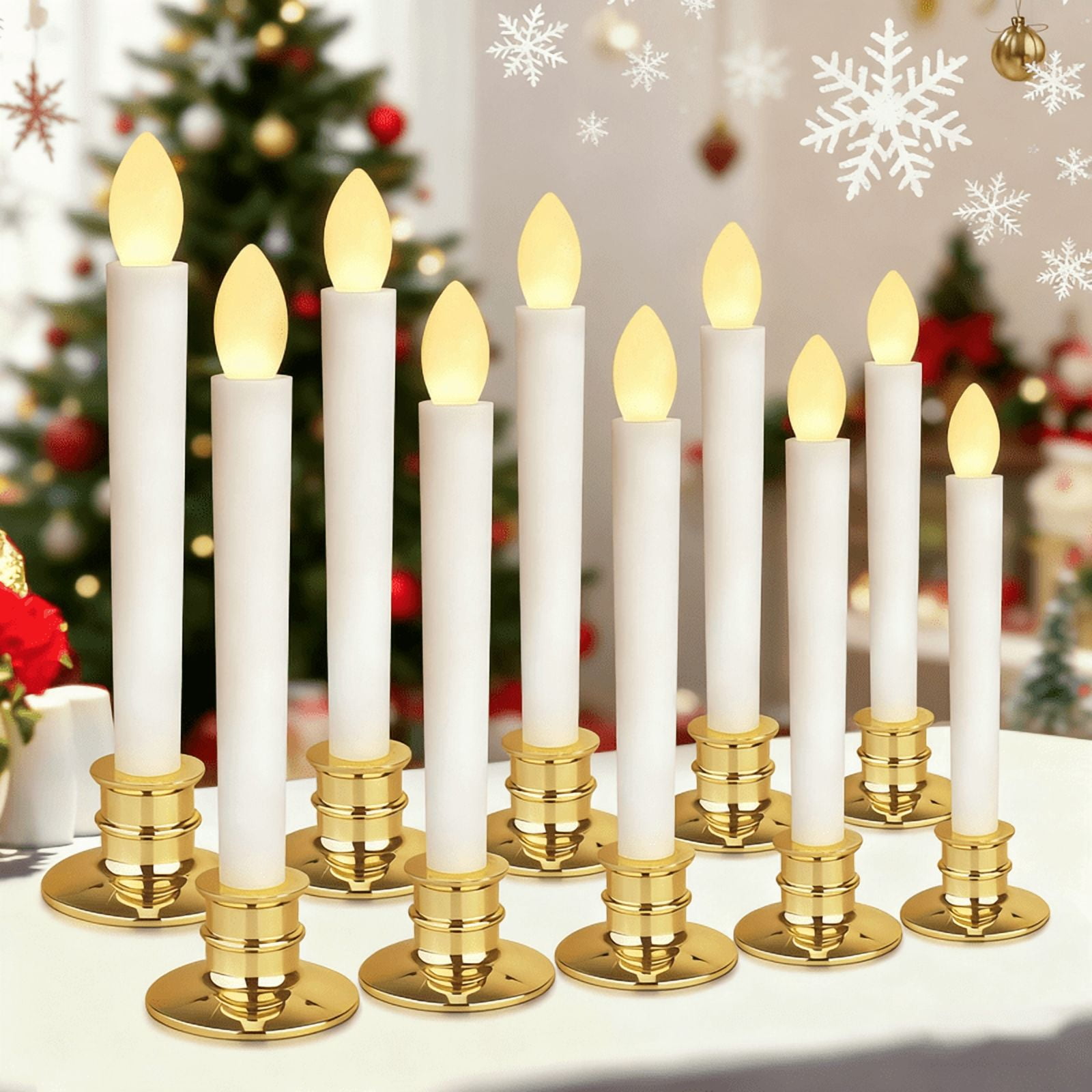 StarQualityBargain 10Pack Flameless Taper Candles with Remote, 8'' LED Fake Electric Candlesticks,Battery Operated 3D Flickering Window Candles,Gold