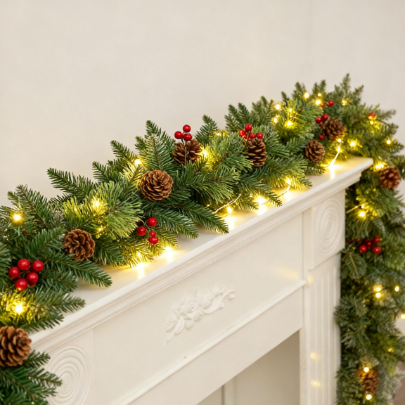 StarQualityBargain 10ft Pre-Lit Christmas Garland with Warm White LED Lights,Red Berries and Frosted Pinecones, Battery Operated Decor
