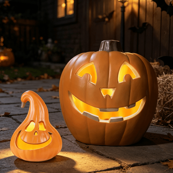 StarQualityBargain 2-Piece Lighted Jack O Lantern Set, 12 in and 20 in Pre-Lit LED Halloween Pumpkins, Smile Faces, Indoor and Covered Outdoor Decor