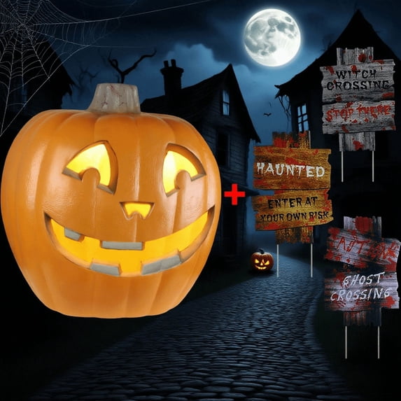 StarQualityBargain 20in Jack O lantern Halloween Pumpkin Light with 3Pcs Halloween Warning Yard Sign Stake for Halloween Indoor Outdoor Decorations