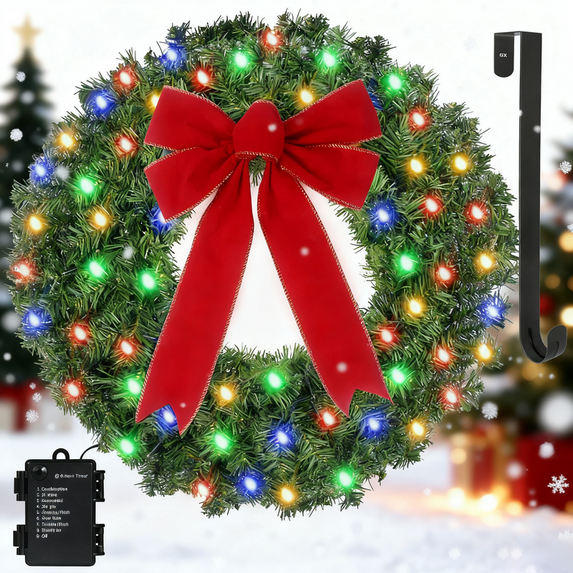 StarQualityBargain 24 Inch Battery Operated Christmas Wreath with Colorful Multi-Color LEDs, Easy to Fluff Artificial Fir for Front Door