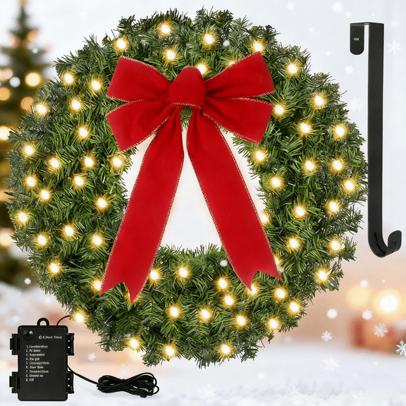 StarQualityBargain 24 Inch Battery Operated Christmas Wreath with Warm White LEDs, Easy to Fluff Artificial Fir for Front Door