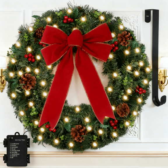 StarQualityBargain 24in Artificial Christmas Wreath with Red Pinecones and Berries for Front Door, Xmas Wreath for Holiday Christmas Party Decorations