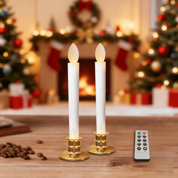 StarQualityBargain 2Pack Flameless Taper Candles with Remote, 8'' LED Fake Electric Candlesticks,Battery Operated 3D Flickering Window Candles,Gold