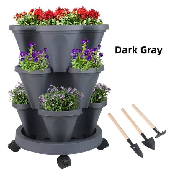 StarQualityBargain 3-Tier Stackable Vertical Garden Planter with Wheels - Indoor/Outdoor Herb & Vegetable Planter for Strawberries, Flowers, Succulents (Space Saving Design), Dark Gray