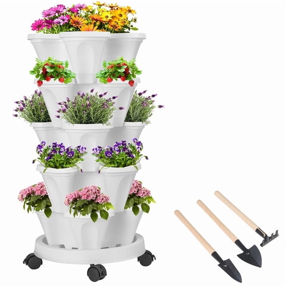 StarQualityBargain 5 Tier Stackable Vertical Garden Planter Tower with Wheels, Indoor Outdoor Strawberry Herb and Vegetable Planter
