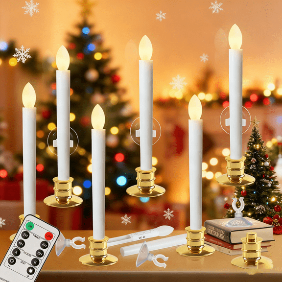 StarQualityBargain 6Pack Flameless Taper Candles with Remote and Suction Cup, 8'' LED Fake Electric Candlesticks,Battery Operated 3D Flickering Window Candles,Gold