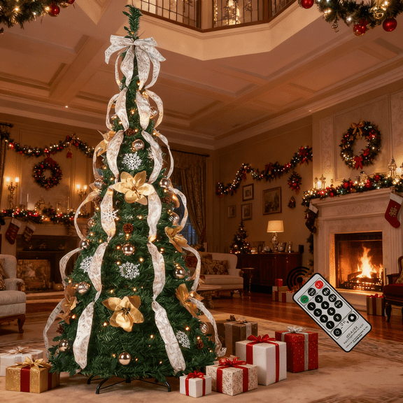 StarQualityBargain 6ft Pop Up Christmas Tree Pre Lit with 200 Lights, Pre Decorated Artificial Green Xmas Tree with Ornaments, Easy Setup & Foldable