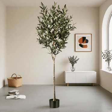 StarQualityBargain Artificial Olive Plants with Realistic Leaves and Natural Trunk, Silk Fake Olive Tree in Pot, Faux Olive Tree for Office Home, 5 FT