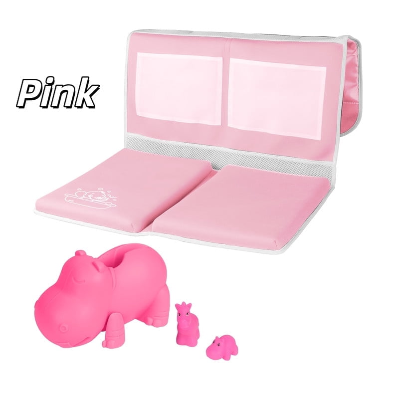 StarQualityBargain Bath Kneeler Mat and Elbow Rest Pad Set - Non-Slip Rubber with Toy Organizer - Bath Spout Cover Pink Hippo