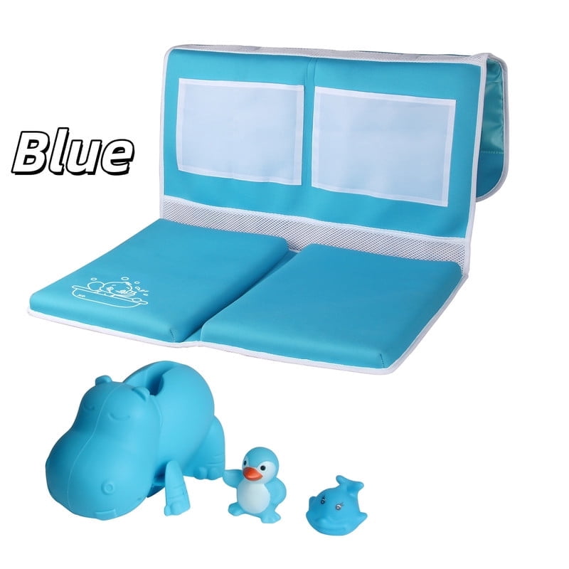 StarQualityBargain Bath Kneeler and Elbow Rest Pad Set - Non-Slip Rubber with Toy Organizer - Bath Spout Cover Blue Hippo
