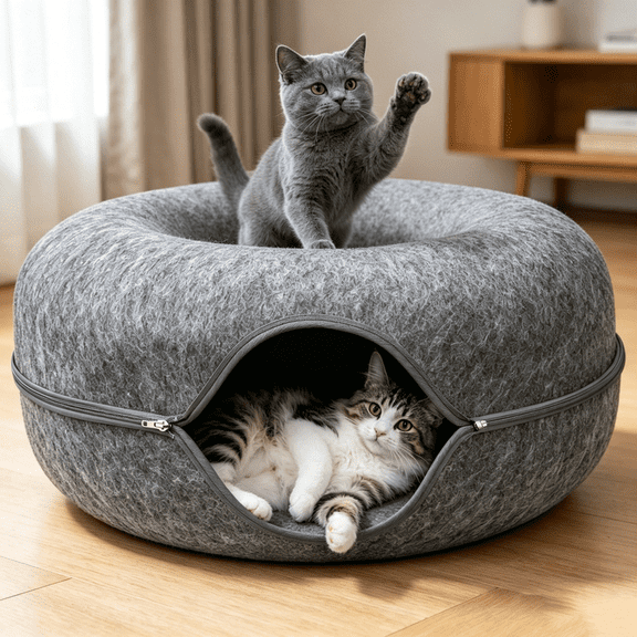 StarQualityBargain Cat Cave Tunnel Bed, 24 in Felt Peekaboo Donut Hideaway for Indoor Cats, Collapsible, Scratch Resistant, Dark Gray