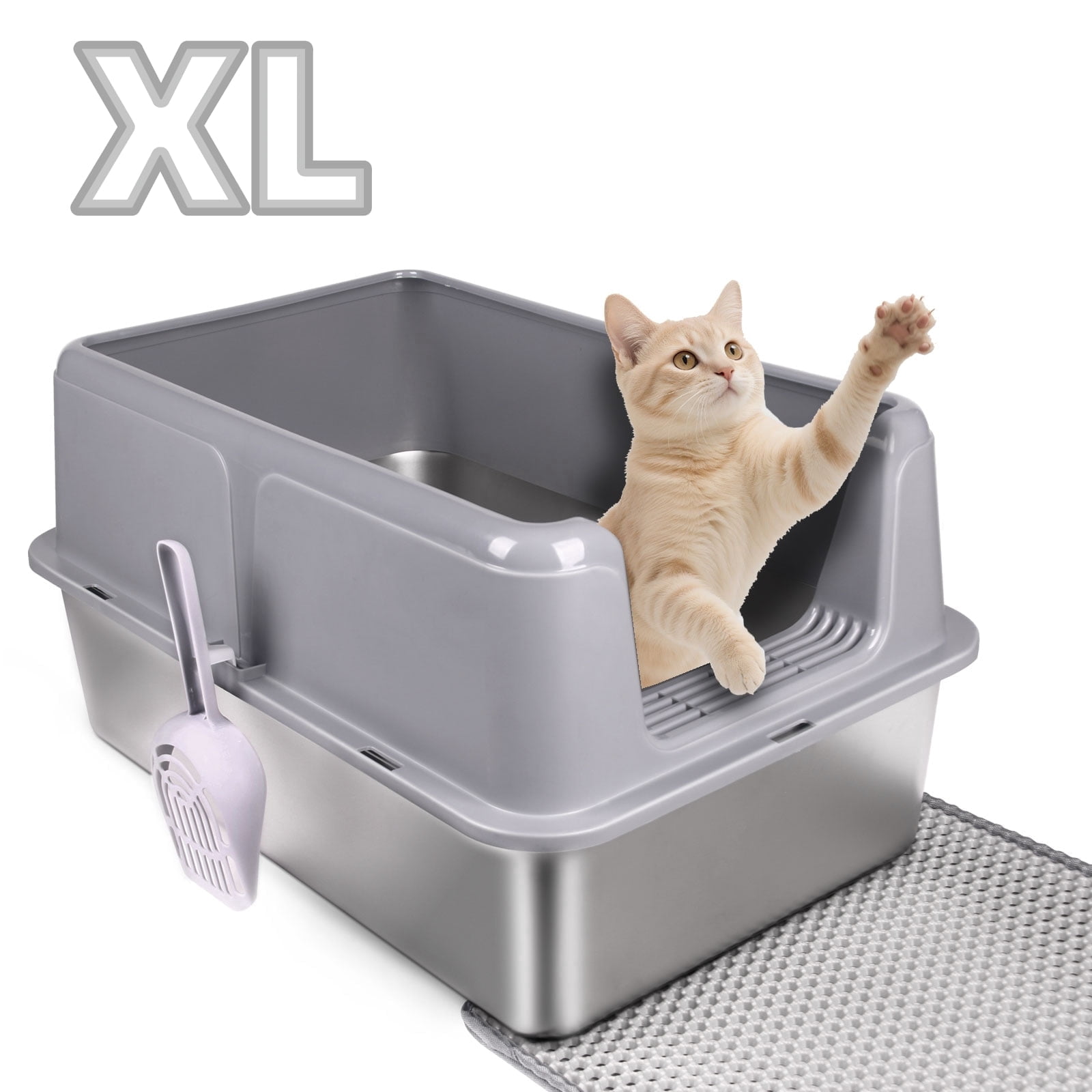 StarQualityBargain Extra Large 28L Stainless Steel Cat Litter Box Metal Litter Pan with Scoop and Mat Set, Gray
