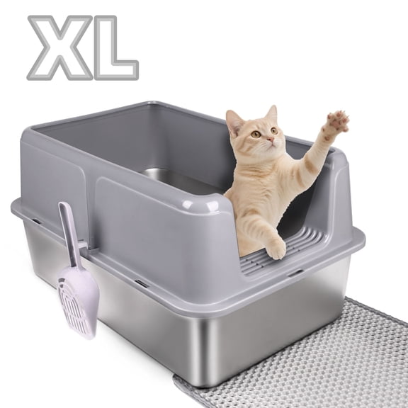 StarQualityBargain Extra Large 28L Stainless Steel Cat Litter Box Metal Litter Pan with Scoop and Mat Set, Gray