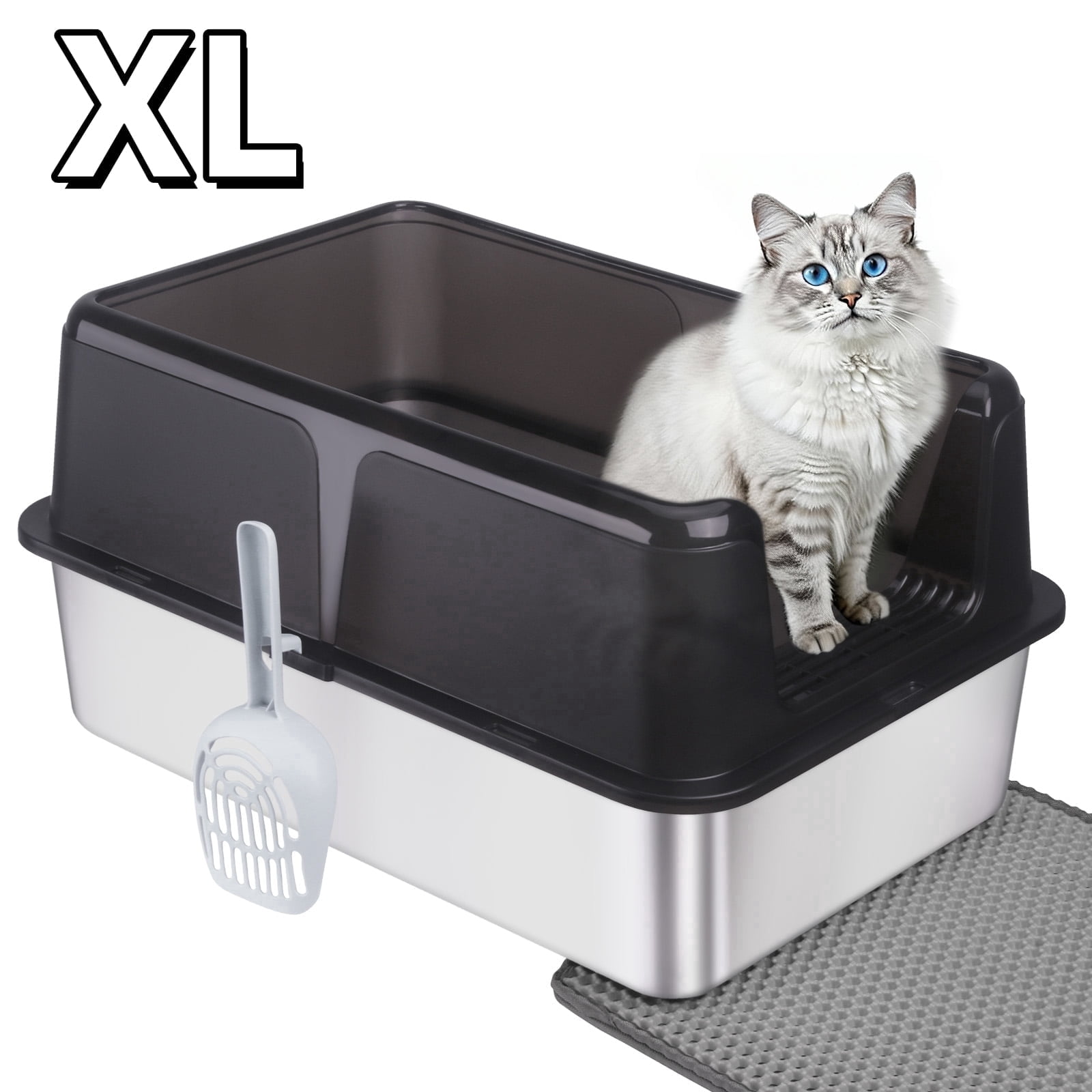 StarQualityBargain Stainless Steel Cat Litter Box, XL 28L High-Sided Metal Litter Pan for Big Cats, Anti-Leak, Odor Resistant, Scoop and Mat, Black