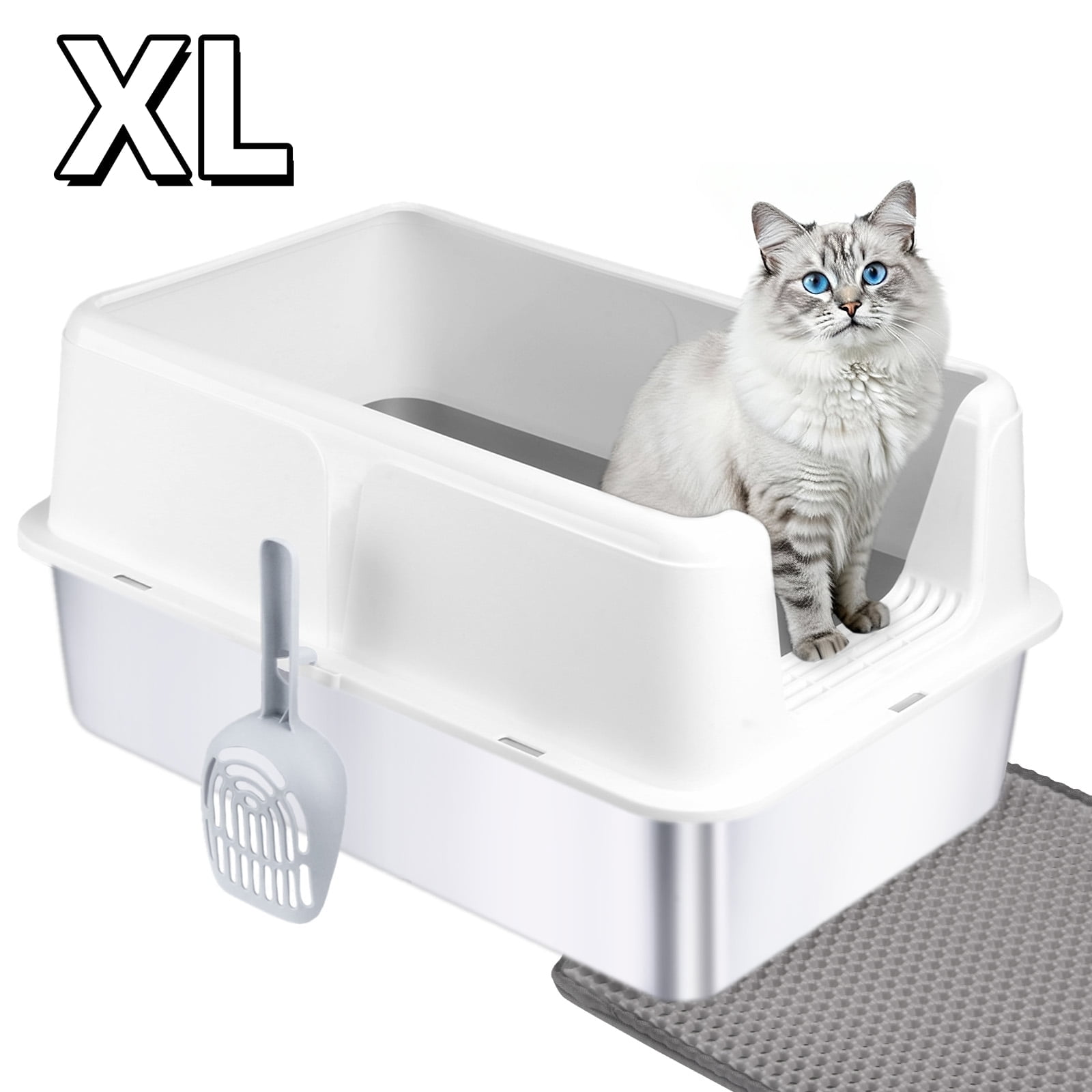 StarQualityBargain Extra Large 38L Stainless Steel Cat Litter Box Metal Litter Pan with Scoop and Mat Set, White