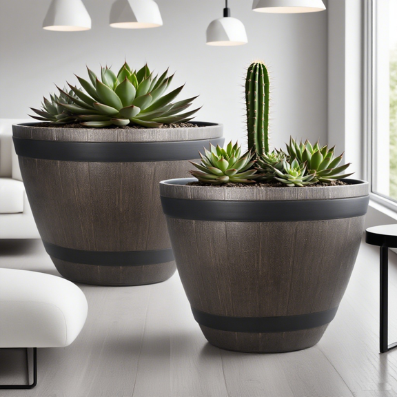 StarQualityBargain Home and Garden Outdoor Round Whiskey Resin Flower Pot Barrel Planter, Distressed Oak Brown, 20.5",2 Pack