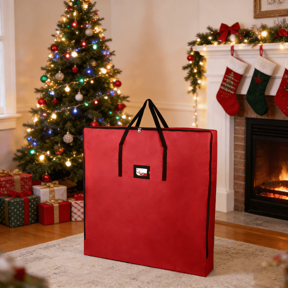 StarQualityBargain Red Pop Up Christmas Tree Storage Box, 35" Square Protective Bag for Artificial Xmas Trees, Wreath & Ornament Organization