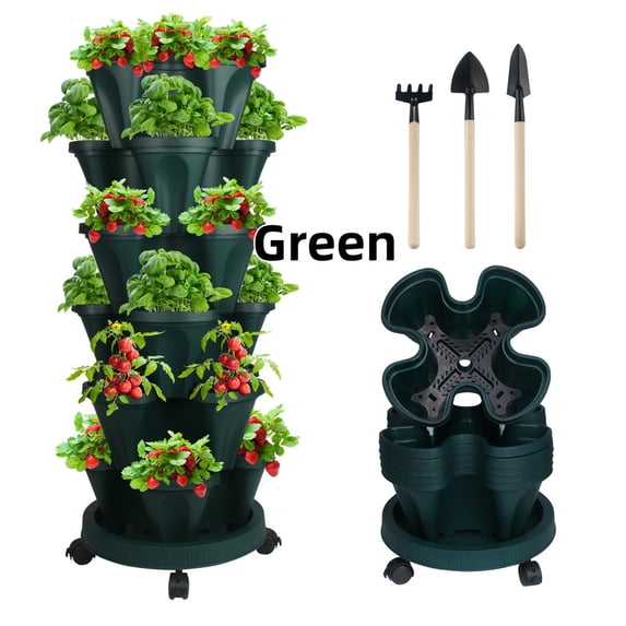 StarQualityBargain Spring Gardening Special: Dual Stackable Planters with Wheels - 6-Tier PVC Planter for Strawberries, Herbs & Vegetables, Green