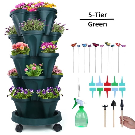 StarQualityBargain 5 Tier Strawberry Planters, Stackable Vertical Garden Towers with Wheels for Herbs Flowers Vegetables, Green