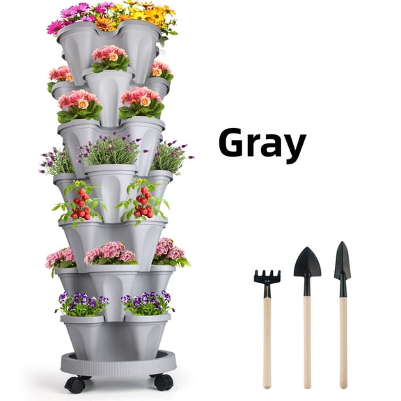 StarQualityBargain Vertical Garden Kit - 7-Tier Stackable Planter System with Wheels & Drainage Holes, Perfect for Indoor/Outdoor Vegetable & Herb Gardening, Agreeable Gray