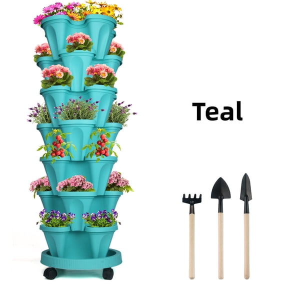 StarQualityBargain Vertical Garden Kit - 7-Tier Stackable Planter System with Wheels & Drainage Holes, Perfect for Indoor/Outdoor Vegetable & Herb Gardening, Teal
