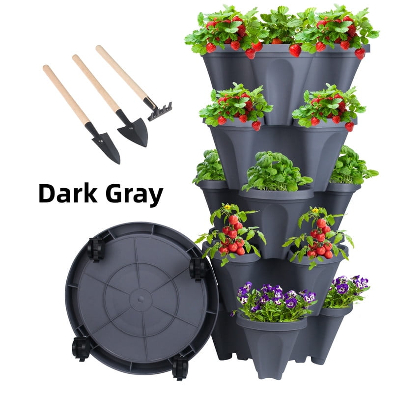StarQualityBargain Vertical Planter 5-Tier Stackable System - Indoor/Outdoor Garden Kit for Strawberries, Herbs, Vegetables (Beginner-Friendly Design), Dark Gray