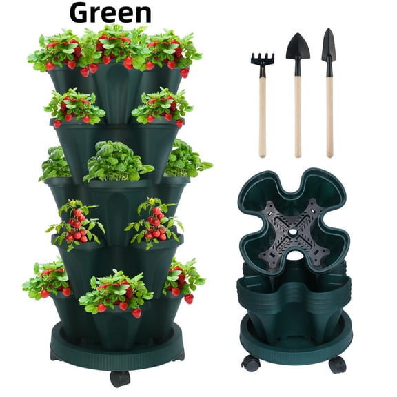 StarQualityBargain Vertical Planter 5-Tier Stackable System - Indoor/Outdoor Garden Kit for Strawberries, Herbs, Vegetables (Beginner-Friendly Design), Green