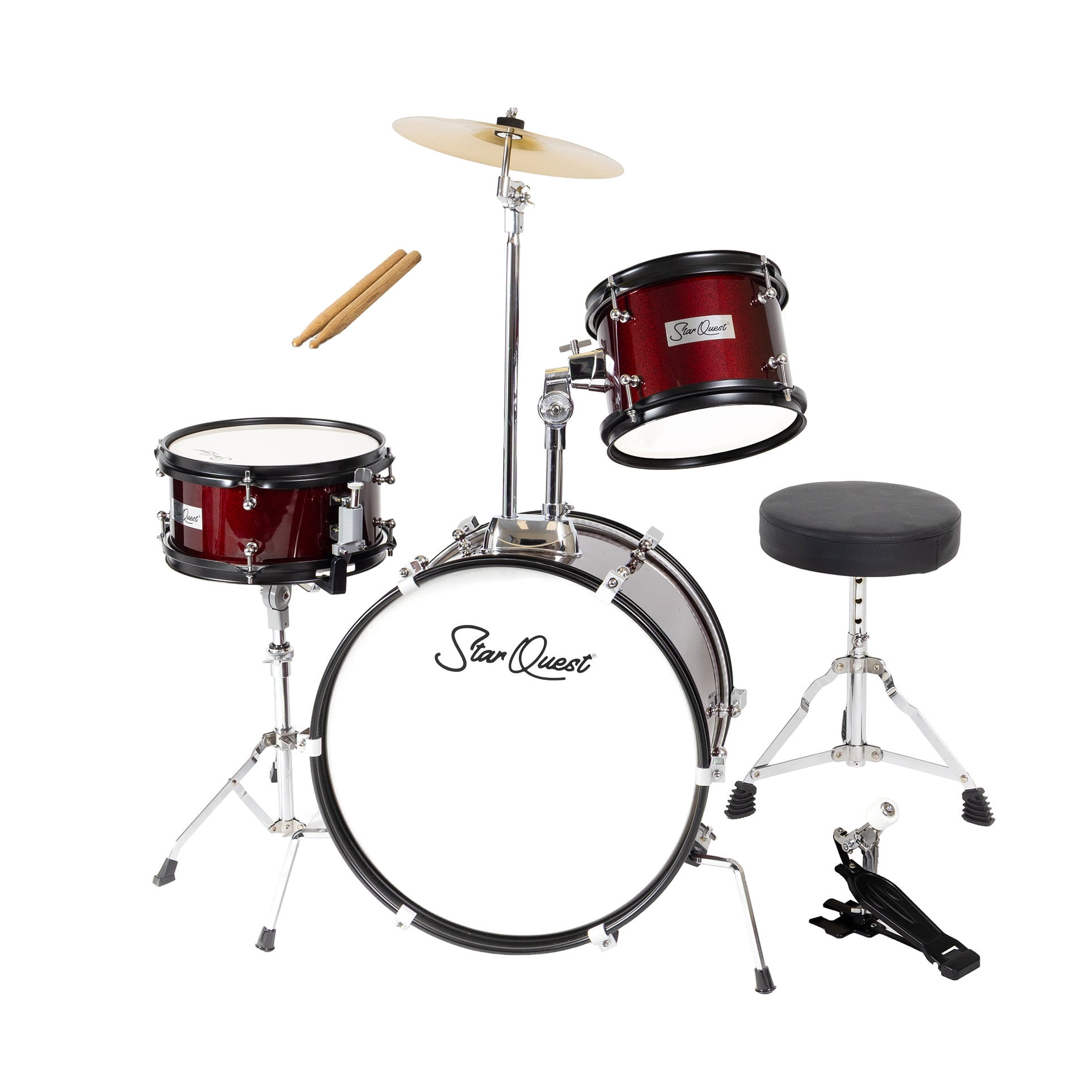 StarQuest Junior 3-Piece Drum Set – Premium Metallic Wine Red Finish with Bass, Snare, Tom and Crash Cymbal – Perfect for Junior Drummers and Beginners
