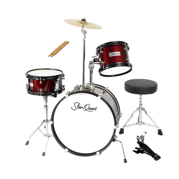 StarQuest Junior 3-Piece Drum Set  Premium Metallic Wine Red Finish with Bass, Snare, Tom and Crash Cymbal  Perfect for Junior Drummers and Beginners