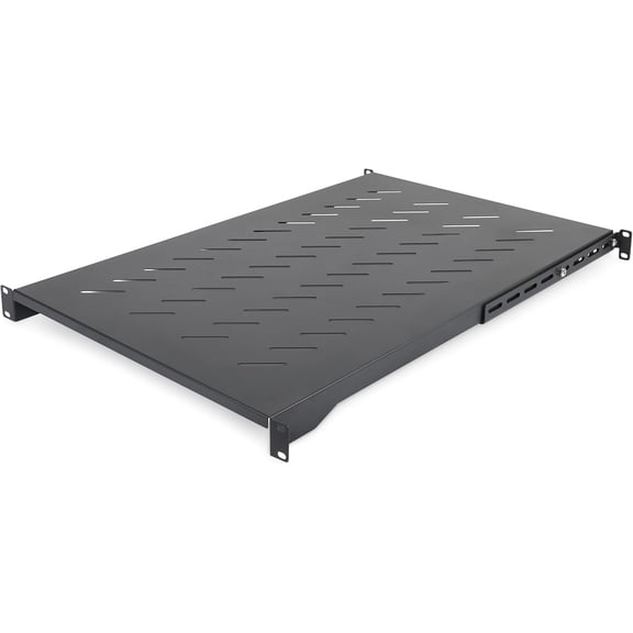 StarTech 1U 4-Post Vented Rack Shelf, 28-34.4in, 150lb (ADJSHELFV-Rack) | Adjustable depth 71.1-87.3cm, 150lb/68kg capacity, Cold-rolled steel, M5 hardware