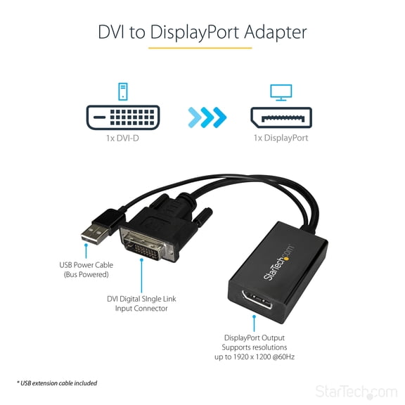 StarTech.com DVI to DisplayPort Adapter - USB Power - 1920 x 1200 - DVI to DisplayPort Converter - Video Adapter - DVI-D to DP