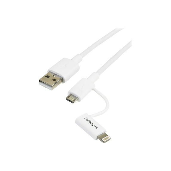 StarTech LTUB1MWH StarTech.com 1m (3ft) Apple Lightning or Micro USB to USB Cable for iPhone / iPod / iPad - White - Lightning/USB for iPhone, iPod, iPad, Tablet - 3.28 ft - 1 Pack - 1 x Type A Male