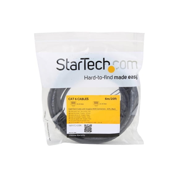 StarTech 20ft CAT6 Ethernet Cable - Black CAT 6 Gigabit Ethernet Wire -250Mhz 100W PoE RJ45 UTP Network Patch Cord Snagless with Strain Relief (N6PATCH20BK)