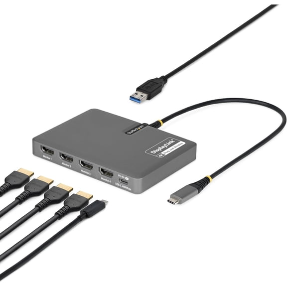 StarTech USB-C to Quad HDMI 4K60 Workstation Dock 140W PD Passthrough USB for Keyboard and Mouse Windows Mac M1-M5 USB4 Thunderbolt Laptops DisplayLink DL7400 TAA (Quad-USB-HDMI-Adapt)