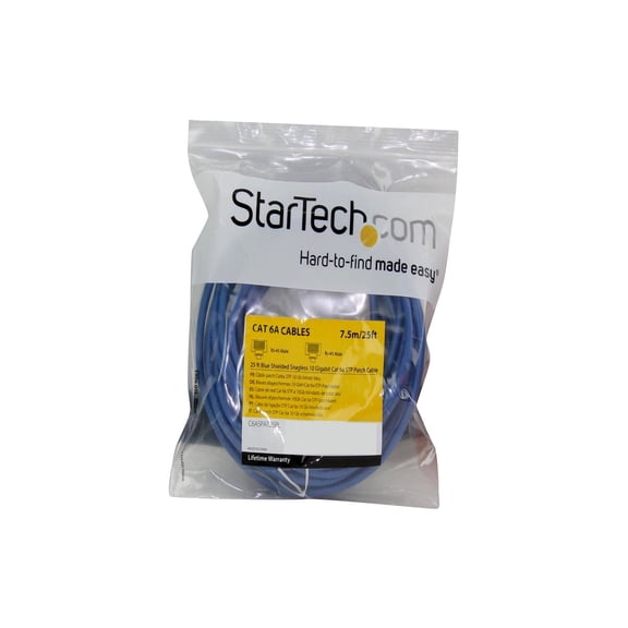 StarTech 25ft CAT6a Ethernet Cable - 10 Gigabit Shielded Snagless RJ45 100W PoE Patch Cord - 10GbE STP Network Cable with Strain Relief - Blue - UL, TIA (C6ASPAT25BL)