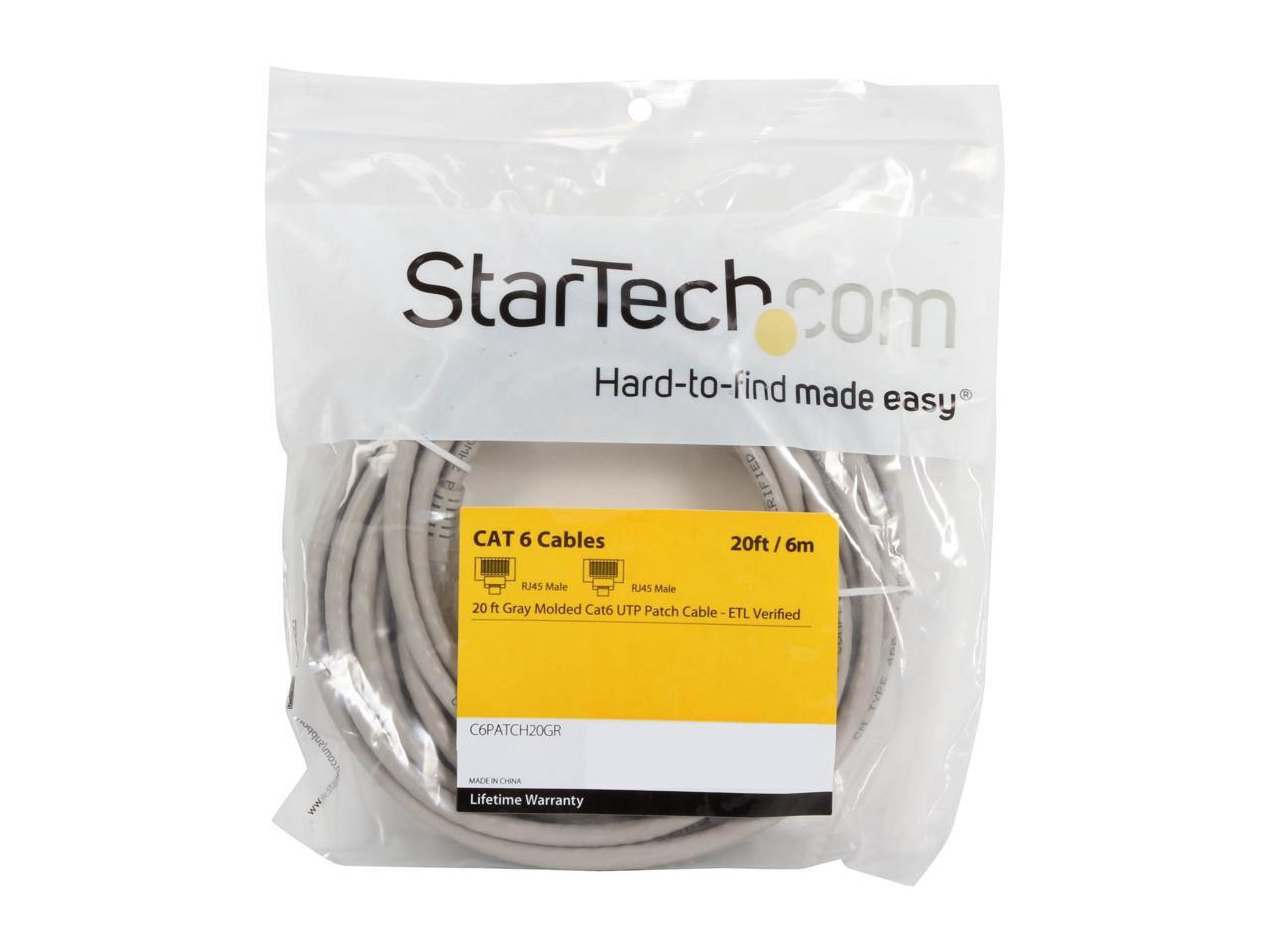 StarTech 20ft CAT6 Ethernet Cable - Gray CAT 6 Gigabit Ethernet Wire -250Mhz 100W PoE++ RJ45 UTP Molded Category 6 Network Patch Cord (C6PATCH20GR)