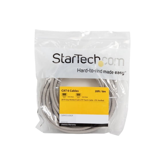 StarTech 20ft CAT6 Ethernet Cable - Gray CAT 6 Gigabit Ethernet Wire -250Mhz 100W PoE++ RJ45 UTP Molded Category 6 Network Patch Cord (C6PATCH20GR)