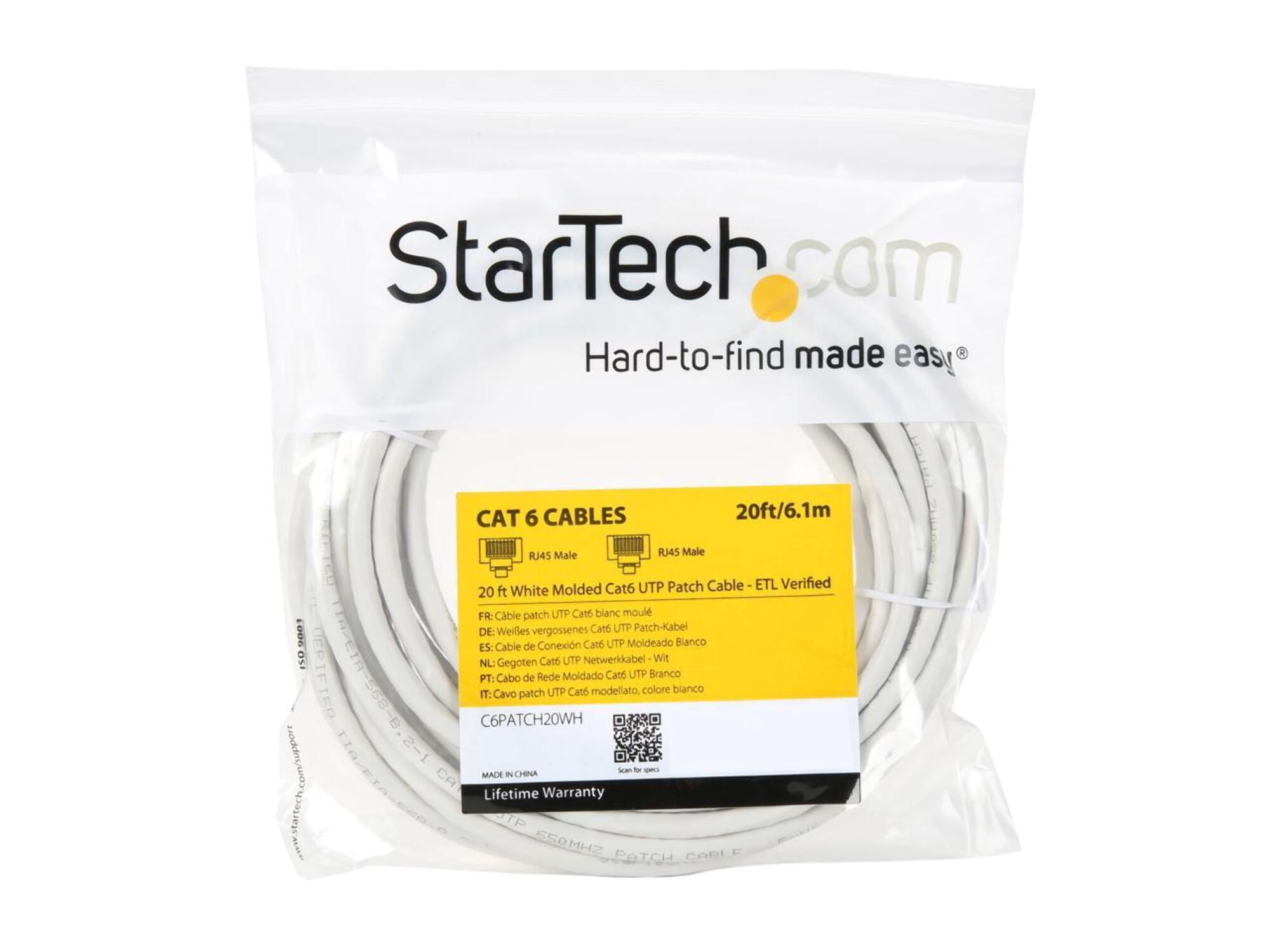 StarTech 20ft CAT6 Ethernet Cable - White CAT 6 Gigabit Ethernet Wire -250Mhz 100W PoE RJ45 UTP Molded Network Patch Cord with Strain Relief (C6PATCH20WH)