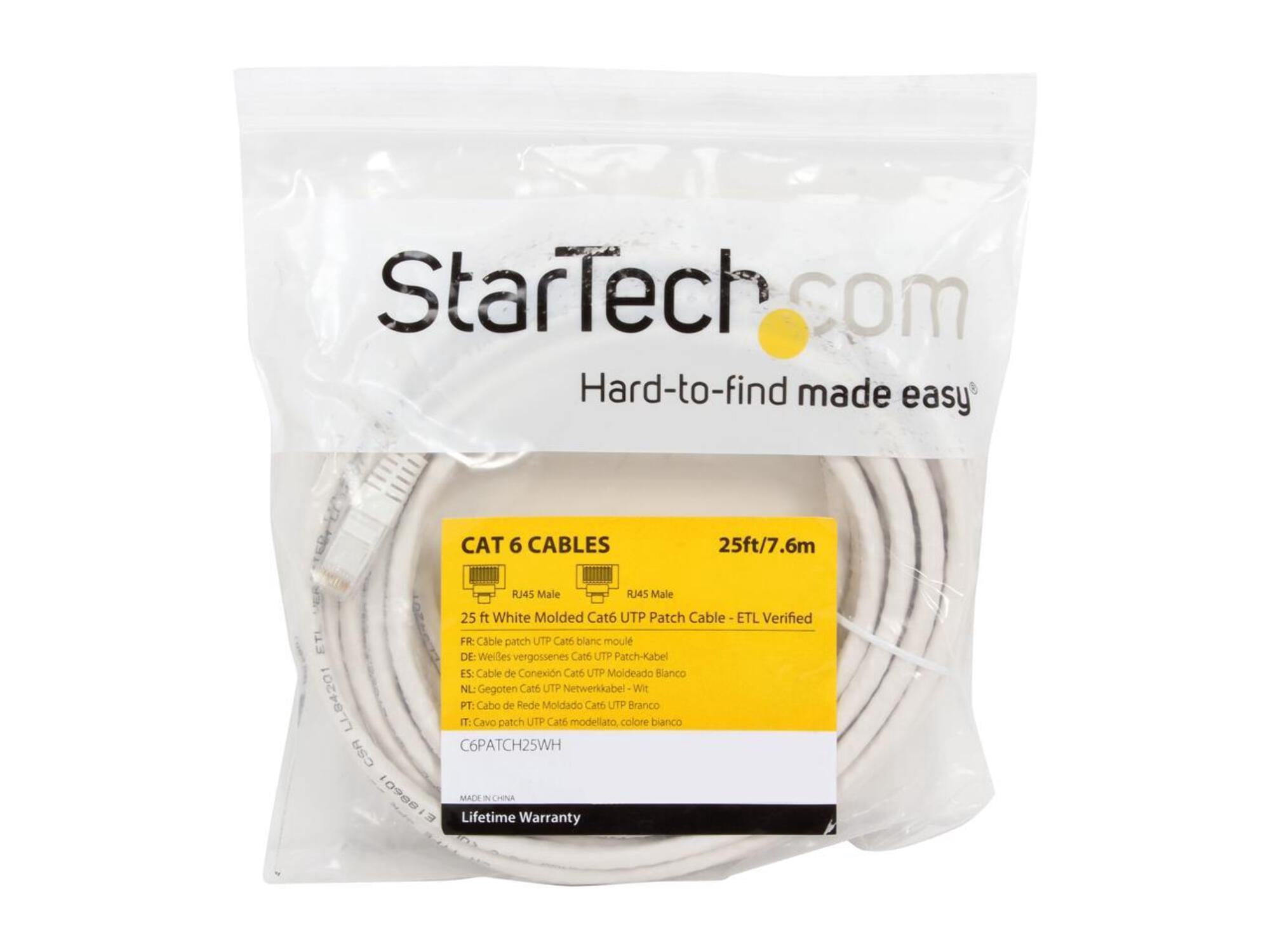StarTech 25ft CAT6 Ethernet Cable - White CAT 6 Gigabit Ethernet Wire -250Mhz 100W PoE RJ45 UTP Molded Network Patch Cord with Strain Relief (C6PATCH25WH)