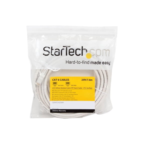 StarTech 25ft CAT6 Ethernet Cable - White CAT 6 Gigabit Ethernet Wire -250Mhz 100W PoE RJ45 UTP Molded Network Patch Cord with Strain Relief (C6PATCH25WH)