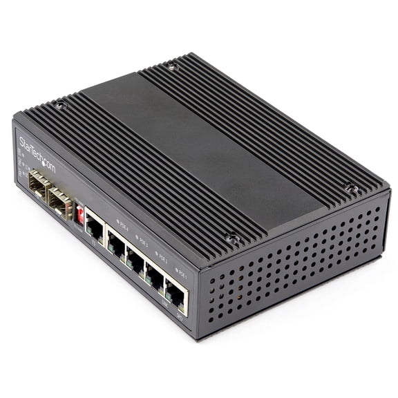 Startech Industrial 5 Port Gigabit Ethernet Switch w/4 PoE RJ45 +2 SFP Slots 30W 802.3at PoE+ 12-48VDC 10/100/1000 Mbps -40C to 75C - Industrial 5 Port Gigabit Ethernet Switch - Up to 30W per 4 PoE po