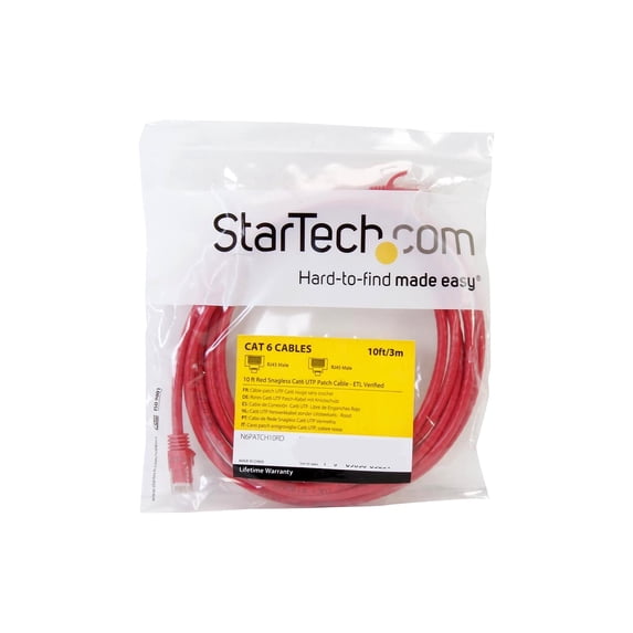 StarTech 10ft CAT6 Cable - Red CAT6 Ethernet Cable - Gigabit Ethernet Wire - 250Mhz 100W PoE RJ45 UTP CAT 6 Network Patch Cord Snagless (N6PATCH10RD)