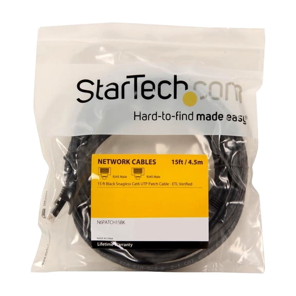 StarTech 15ft CAT6 Ethernet Cable - Black CAT 6 Gigabit Ethernet Wire -250Mhz 100W PoE RJ45 UTP Network Patch Cord Snagless with Strain Relief (N6PATCH15BK)