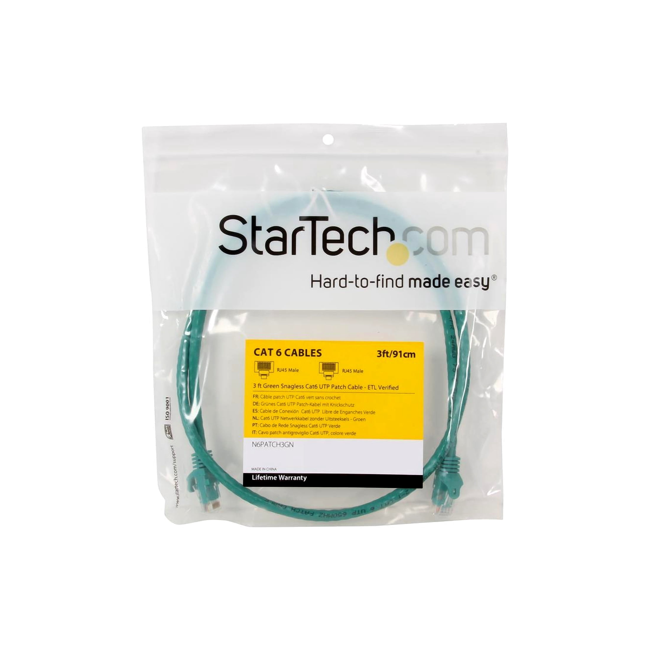 StarTech 3ft CAT6 Ethernet Cable - Green CAT 6 Gigabit Ethernet Wire -250Mhz 100W PoE RJ45 UTP Network Patch Cord Snagless with Strain Relief (N6PATCH3GN)